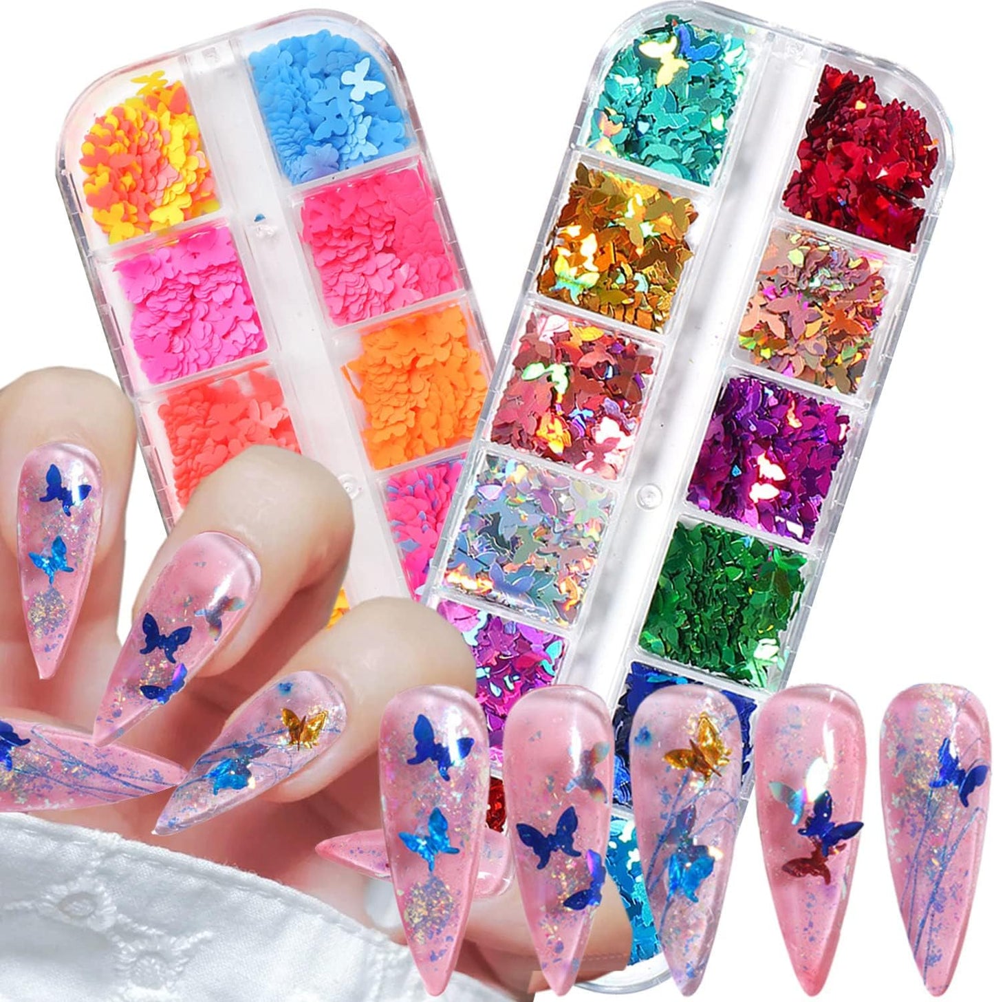 Butterfly Glitter Nail Art Sequins, 3D Fluorescent Glitters Butterflies Flakes, Holographic Neon Laser Shiny Butterfly Nail Supplies for Women Girls Manicure Charms Decorations DIY Resin Nail Art Tips