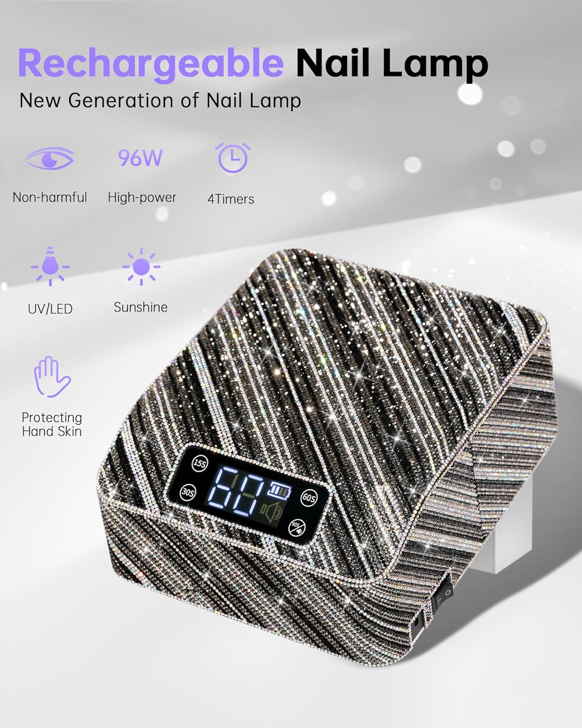 UV Nail Lamp, Rechargeable LED Nail Dryer Sparkly Gel Polish Light 4 Timer Setting Professional Quick Dry Curing Lamp with Display Auto Sensor for Salon & Home, Zebra Diamond