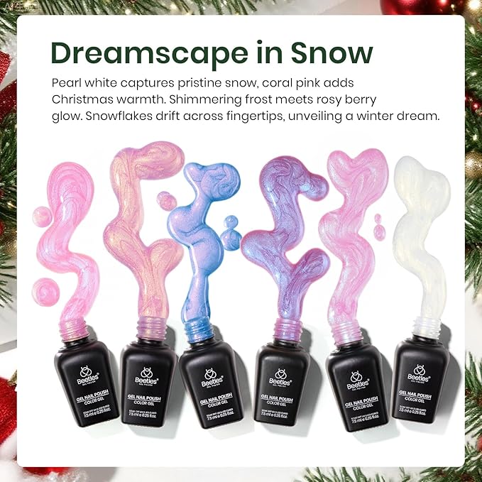 Beetles Christmas Gel Nail Polish Set – Dreamscape in Snow Pearl Gel Polish, 6 Color Winter Pink Purple Blue Yellow Festive Gel Nail Kit, Soak Off UV LED Nail Drawing Manicure Holiday Gift for Women