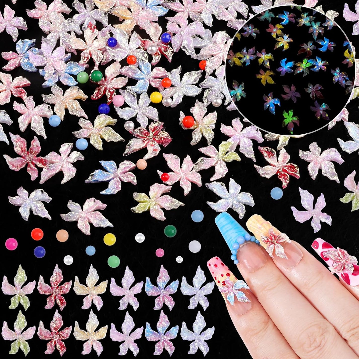 300Pcs Flower Nail Charms Kit, 100Pcs 3D Embossed Luminous Hibiscus Flowers Charms and 100Pcs Nail Pearls with 100Pcs Macaron Beads, Colorful Hawaii Floral Mini Gems Round Beads for Nails DIY