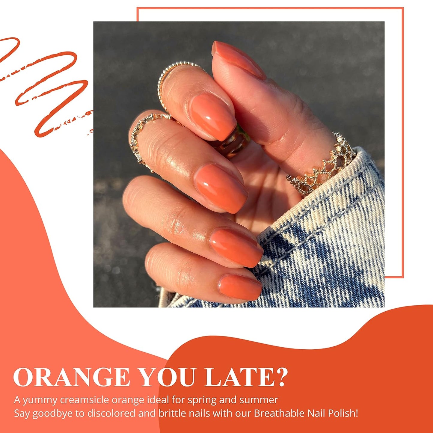VIVRE Cosmetics Quick Dry Shiny Halal Nail Polish - Vegan, Non Toxic, Long Lasting, Breathable & Water Permeable - Orange You Late?