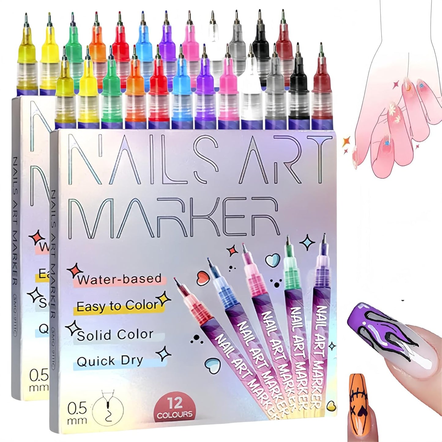 Nail Art Markers, 24 Colors Gel Nail Art Pens Set with Fine Tips for DIY Drawing Painting 3D Nail Polish, Quick Dry Graffiti Dotting Point Liner Drawing Tools
