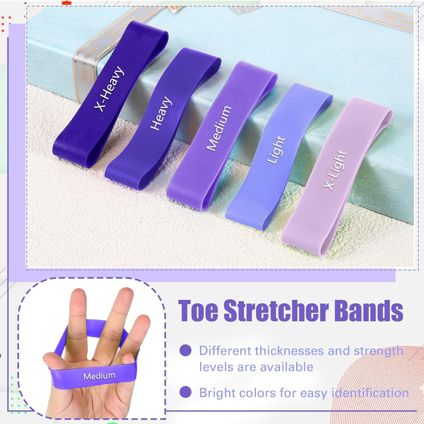 Set of 5 Toe Stretcher Bands for Bunions Correction Foot Big Toe Spacers Resistance Straightener Loop Bands with Carry Bag for Women Men Hallux Valgus Alignment Yoga Exercise(Purple)