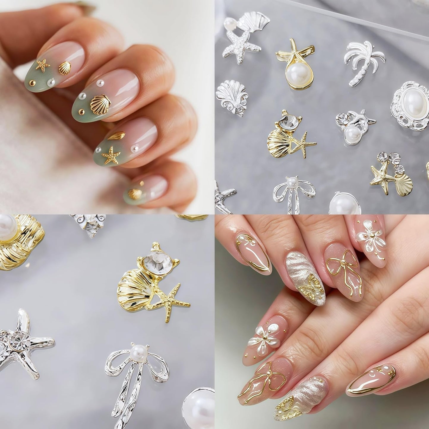 24Pcs Gold Starfish Seashell Charms for Nails Alloy Summer Beach Nail Rhinestones Ocean Theme Nail Art Jewelry Coconut Tree Starfish Pearl Nail Supplies for Nail Art Designs DIY Manicure Decoration