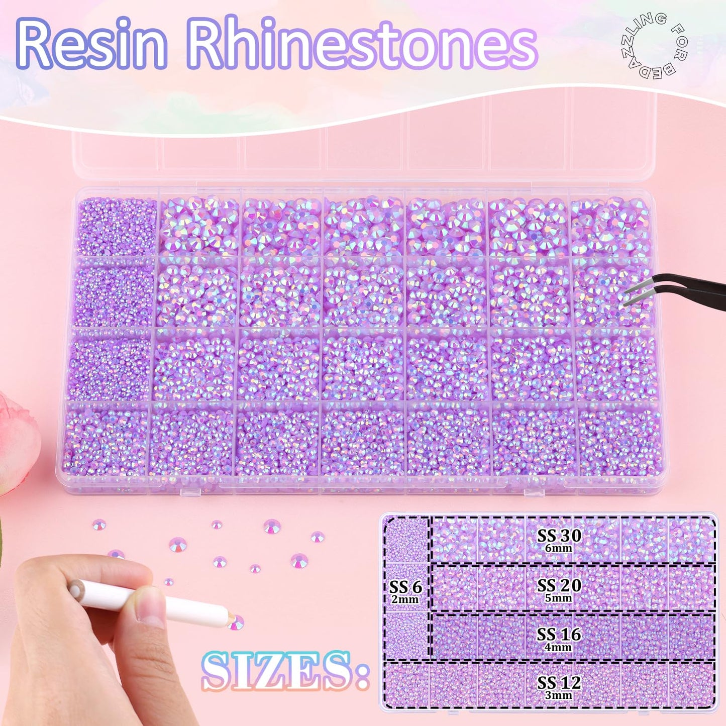 30000Pcs Resin Rhinestones for Bedazzling with B7000 Jewelry Glue, Lavender Purple AB Flatback Gems Rhinestones for Crafting, Clothing Tumblers Mugs Shoes Fabric Decor Nail Art