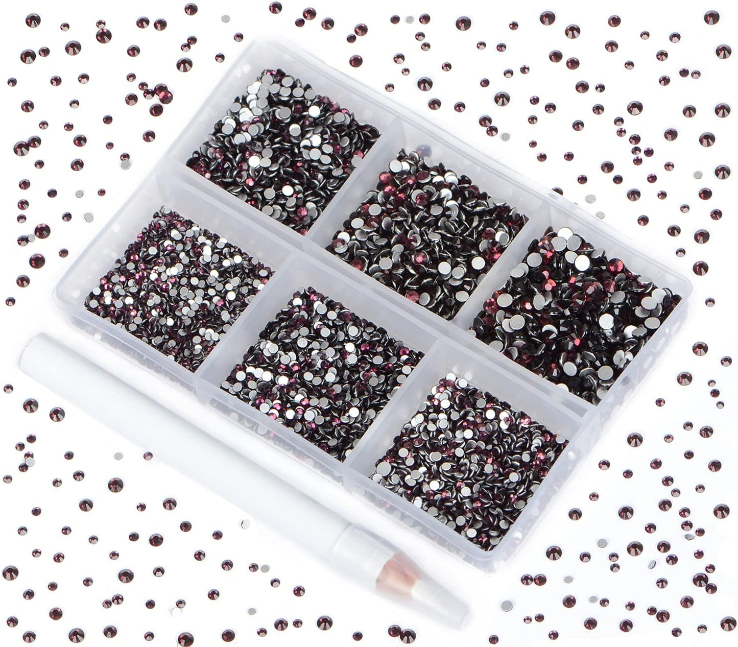 Bymitel 7200 Pieces 6 Mixed Sizes Glue Fix on Glass Rhinestones Round Crystal Gems Flatback for DIY Jewelry Making with one Picking Pen(6-Sizes 7200PCS, Amethyst)