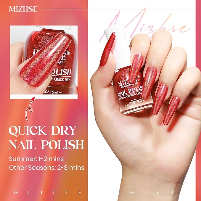 MIZHSE Holographic Nail Polish, Red Glitter Nail Polish Air Dry Fast, 15 ml 0.5 fl oz High Glossy Shiny Nail Pigment Oil-based Laser Iridescent Chrome Halo Nail Art Salon Manicure Home