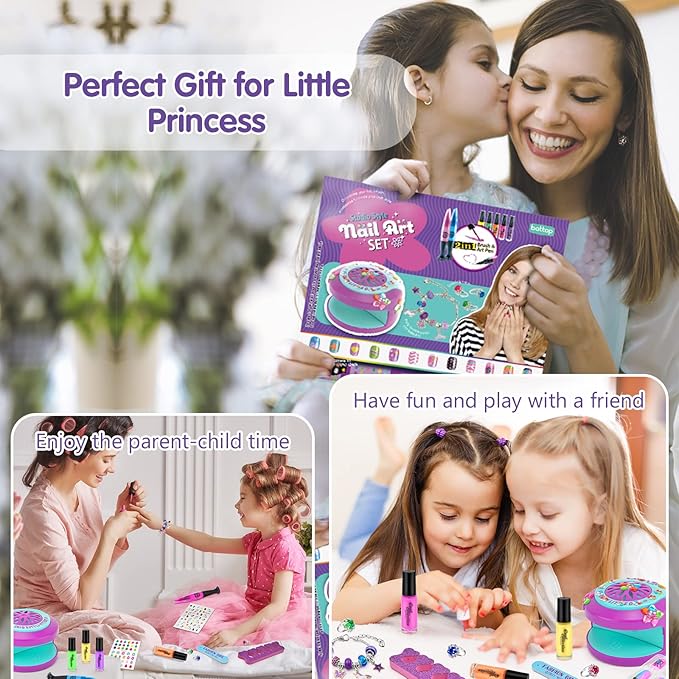 BATTOP Kids Nail Polish Set for Girls - Kids Nail Art Kit with Dryer & Fake Nail & Sticker & Water Based Nail Polish & Nail Art Pen - Idea Gifts for Girls Ages 6 7 8 9 10 11 12