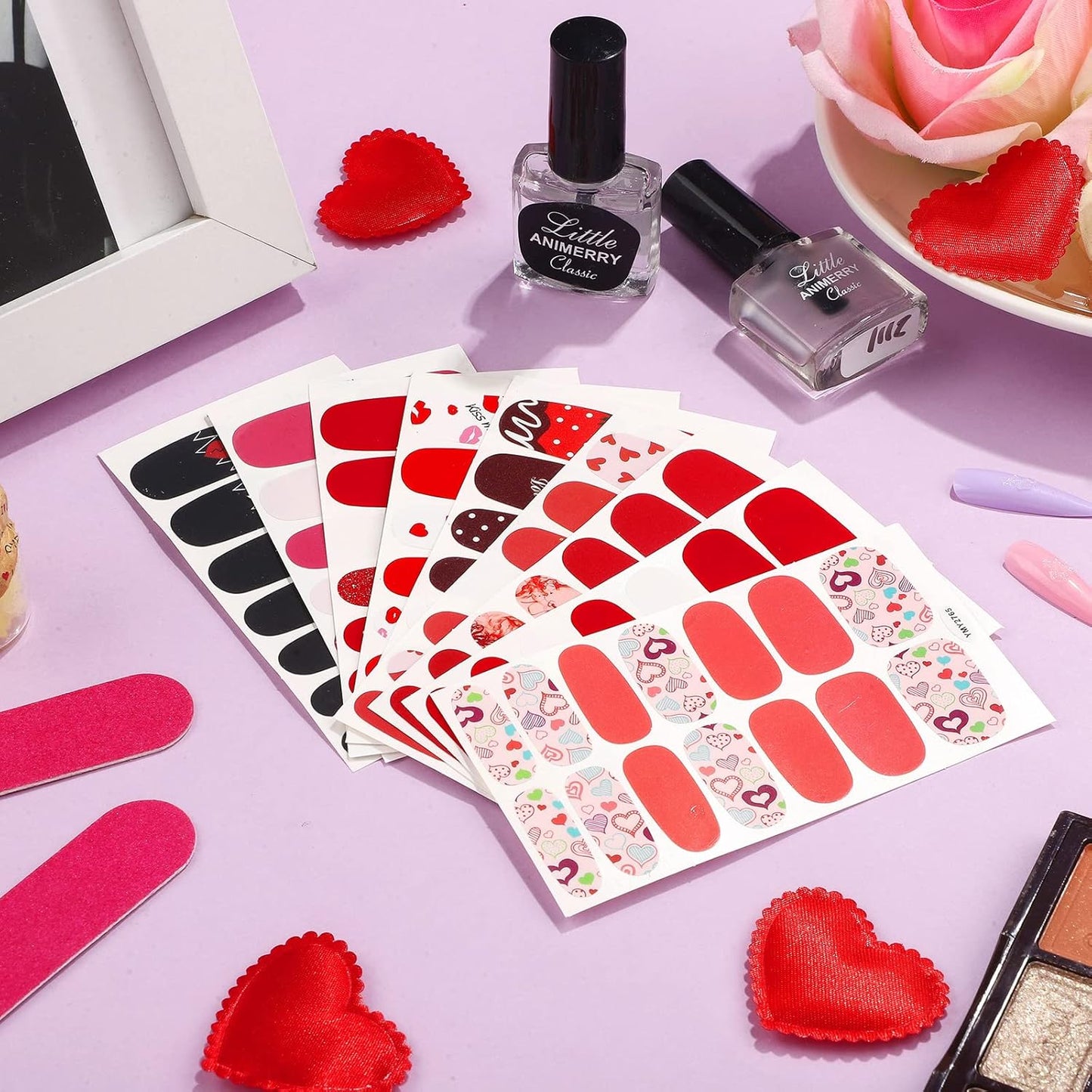 140 Pcs 10 Sheets Valentine's Day Full Wrap Nail Stickers Polish Strips Gradient Stickers Glitter Self Adhesive DIY Art Decals Strips with 2 Pcs Nail Files for Valentine Decor