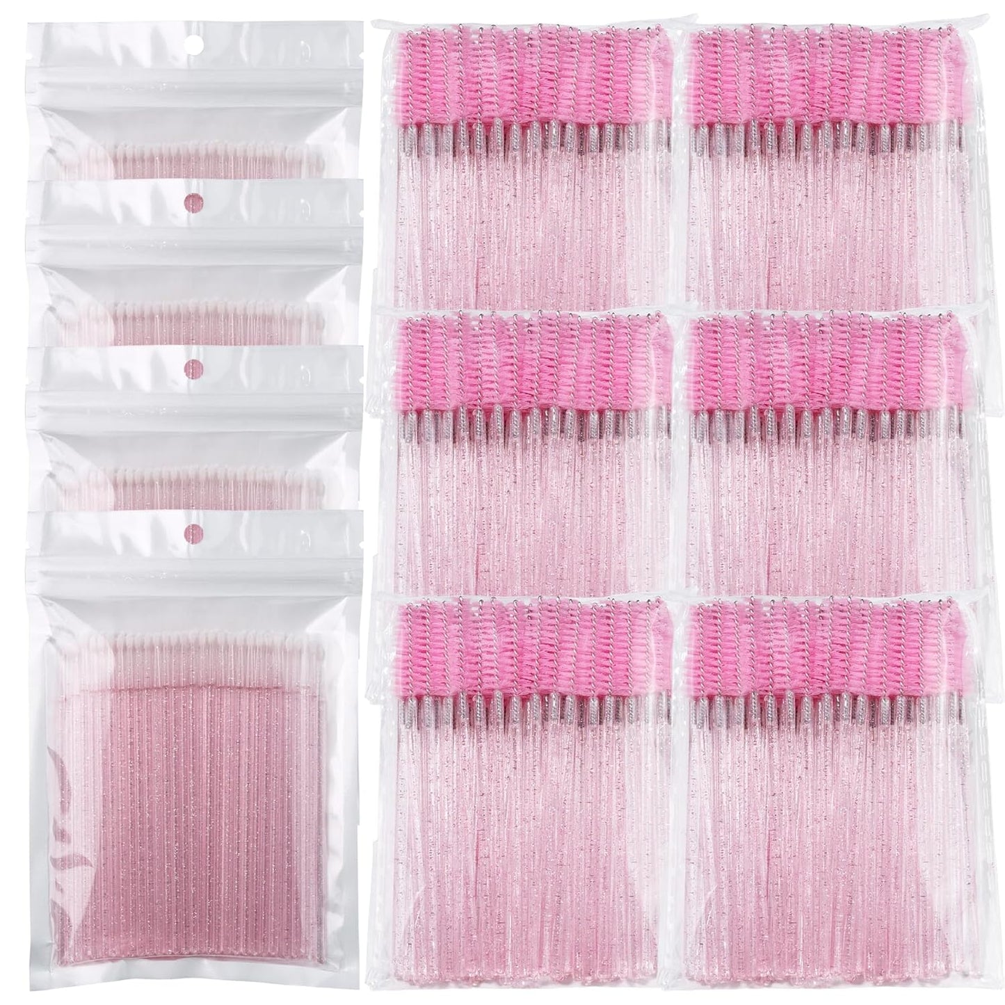 (400+300 Pieces) Pink Crystal Handle - 400 Cotton Swabs + 300 Brushes for Lash Extensions, Makeup (Simple Packaging)-(Crystal Pink)