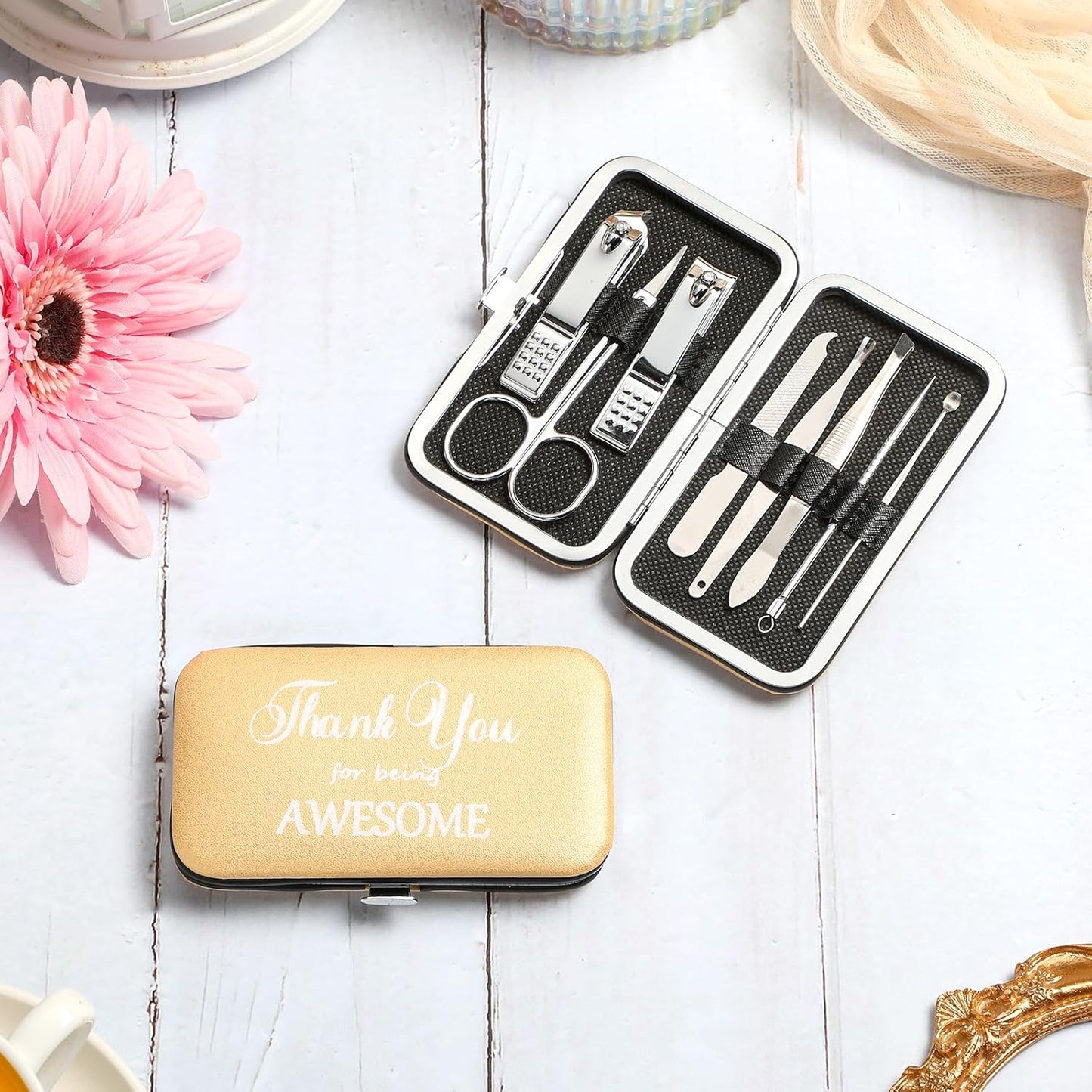 Therwen 24 Sets Manicure Set Nail Clippers 8 in 1 Stainless Steel Grooming Nail Kit Thank You Appreciation Gift Professional Pedicure Tool for Men Women Personal Care(Gold)