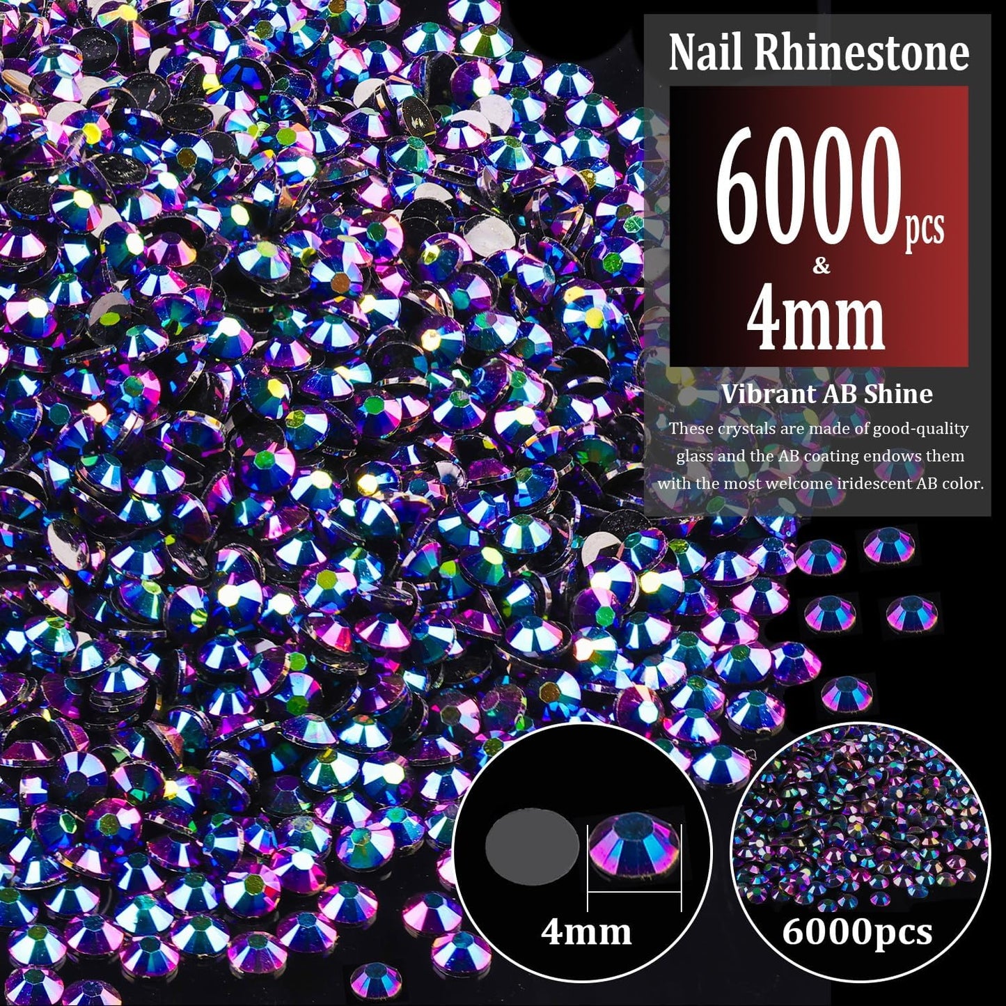 6000pcs 4mm Resin Rhinestones Bulk, Purplish Black AB Flatback Round Jelly Rhinestones Non Hotfix Crystal Gems Large Quantity Wholesale for DIY Crafts Clothes Bottles Face Makeup Manicure