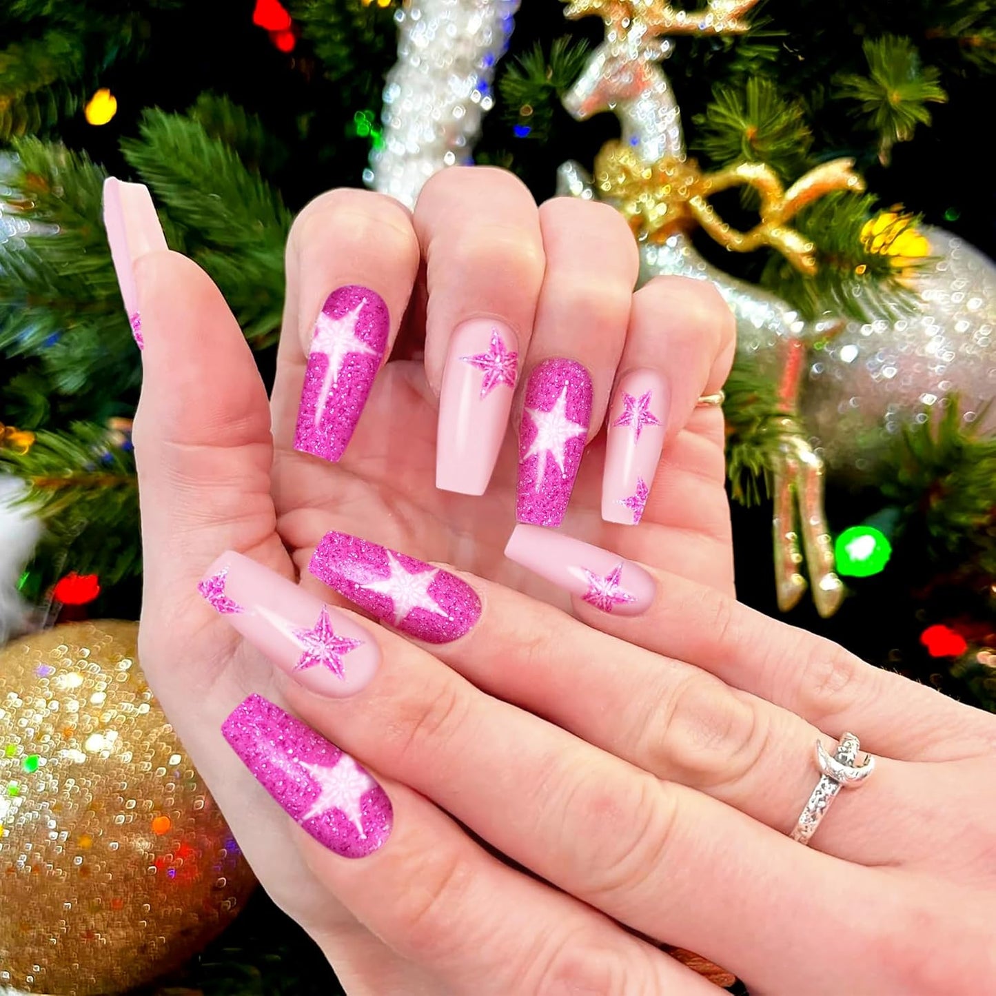 Semi Cured Gel Nail Strips-Magenta Shimmer Press on Nails with Pink Snowflakes & Stars Festive Winter Manicure Set Salon-Quality, Long Lasting, Easy On & Off(Pink Starlet)