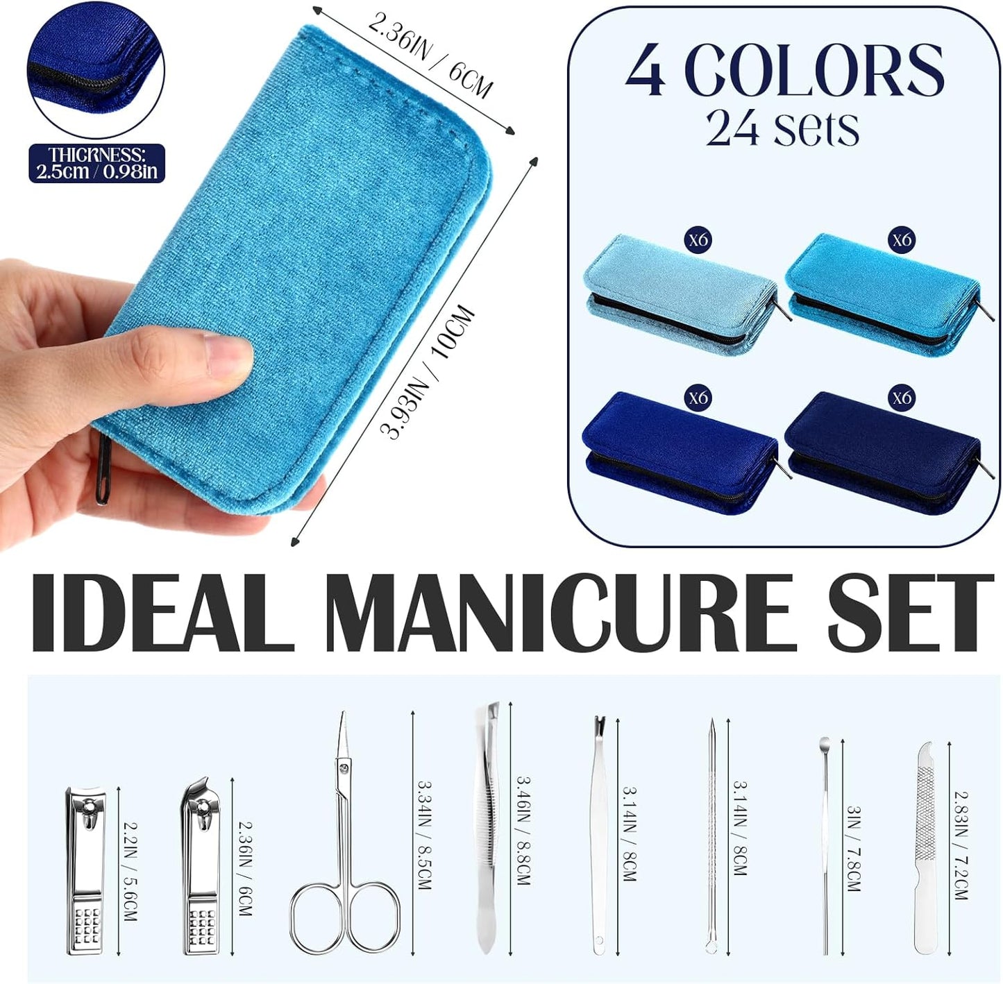 Coume 24 Sets Manicure Set Bulk Rad Tech 8 in 1 Nail Clippers Kit Luxurious Travel Case Stainless Steel Nails Care Tool Office Gift for Coworker Nurse Practitioner Week Christmas(Blue Series)