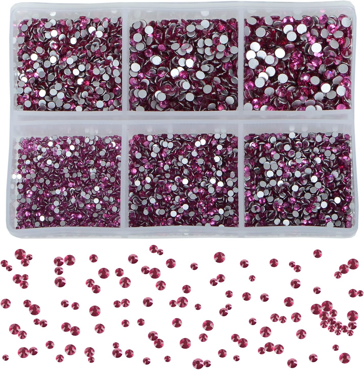 Bymitel 7200 Pieces 6 Mixed Sizes Glue Fix on Glass Rhinestones Round Crystal Gems Flatback for DIY Jewelry Making with one Picking Pen(6-Sizes 7200PCS, Fuchsia)