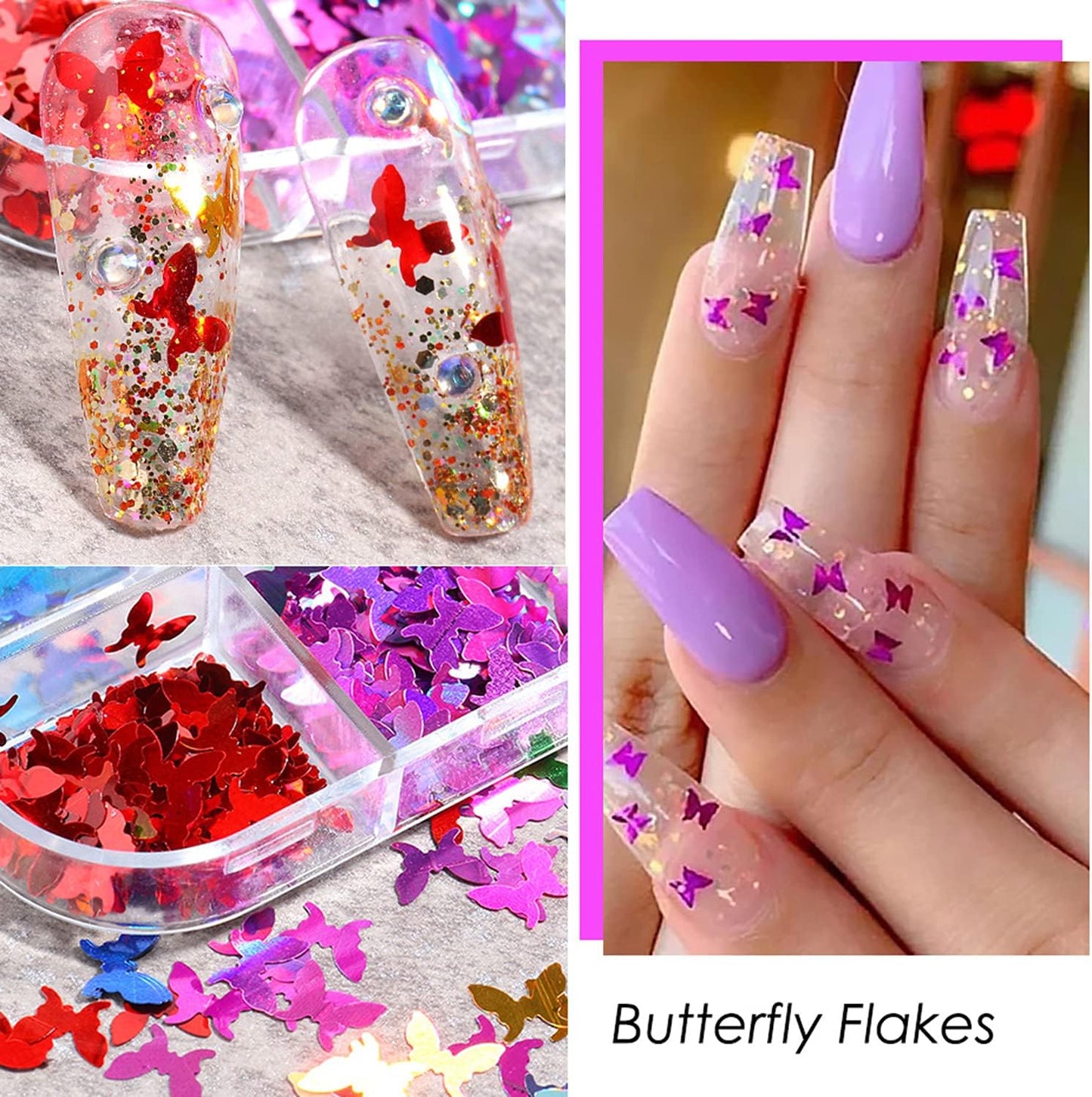 Laser Glitter Butterfly Nail Art Sequins, 3D Butterflies Sparkly Flakes Decoration-12 Colors Holographic Butterfly Shiny Design Supplies for Fingernail and Toenail Nail Accessories DIY Face Makeup