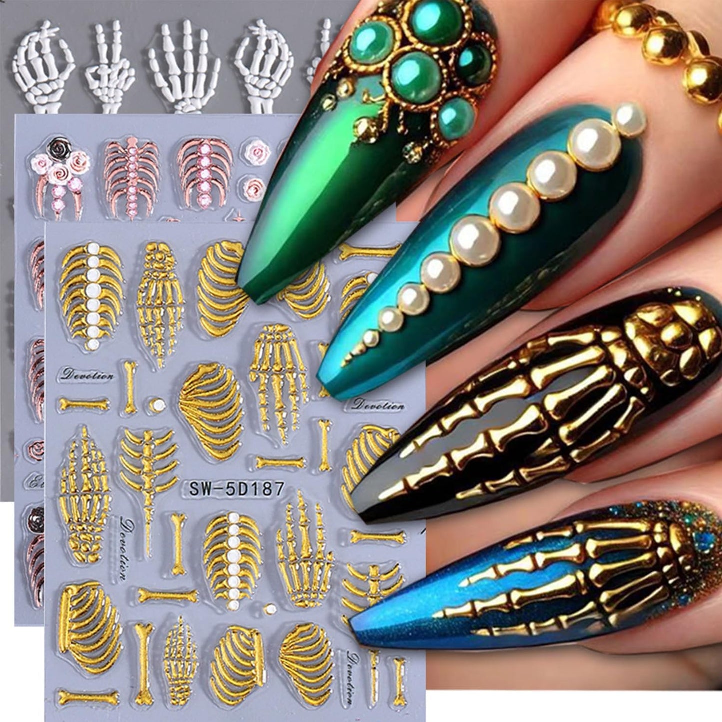 3 Sheets Embossed Halloween Nail Art Stickers Decals Gold Pink White Self-Adhesive Nail Stickers Design 5D Horror Bone Skull Hand Nail Decals for Women DIY Manicure Halloween Party Nails Decoration