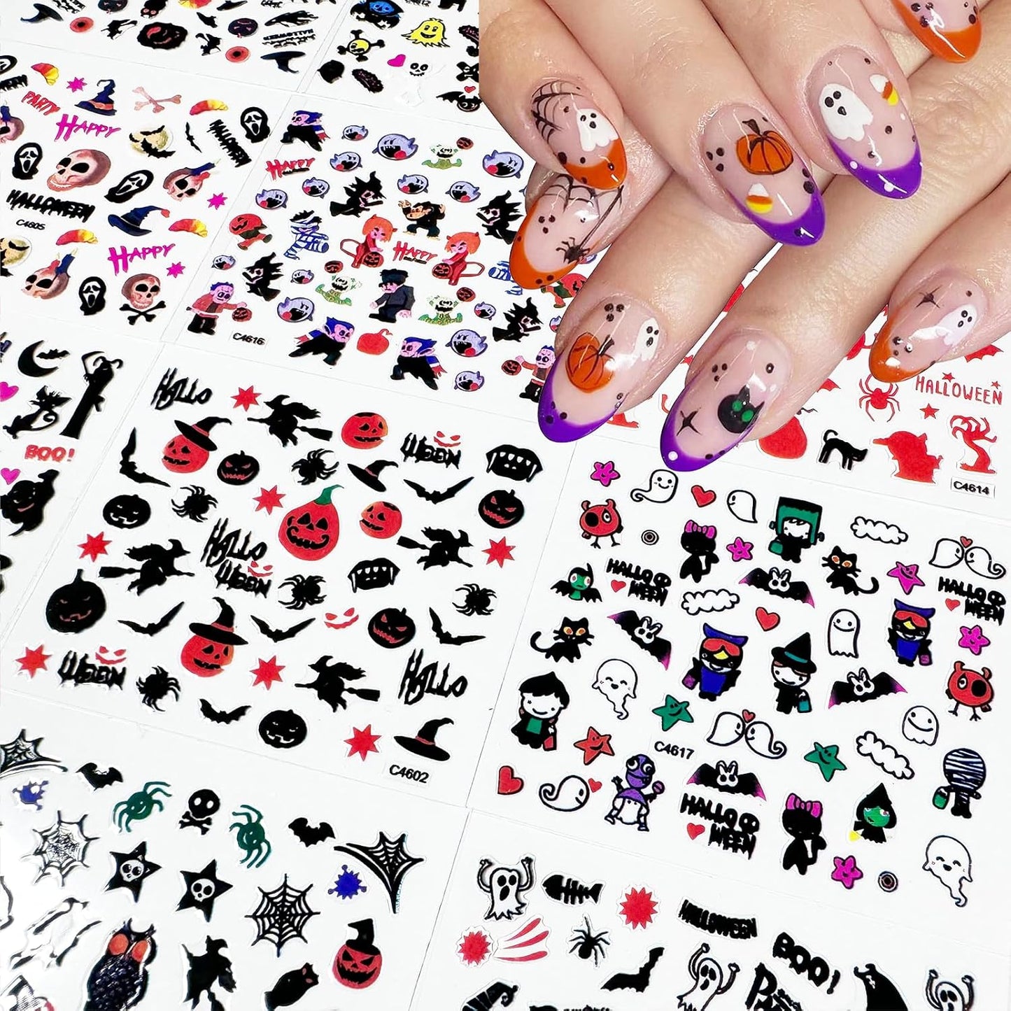 24 Sheets Halloween Nail Art Stickers 3D Self-Adhesive Nail Decals Scary Ghost Face Nail Supplies Spider Web Skull Witch Bat Designs Acrylic Nail Accessories for Women Kids DIY Manicure Decorations