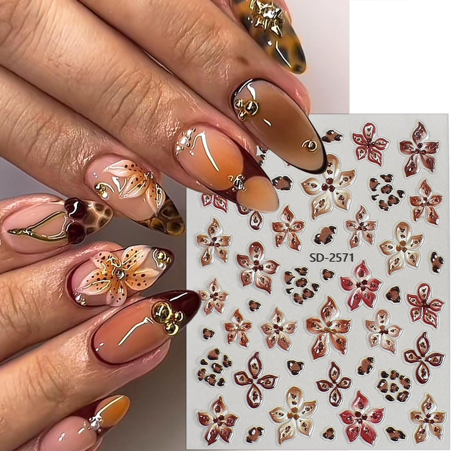 3 Sheets Flower Nail Stickers for Nail Art 5D Self-Adhesive Embossed Cute Floral Nail Art Stickers Leopard Nail Decals Summer Fall Flowers Nail Design Sticker for Women Nails Decoration