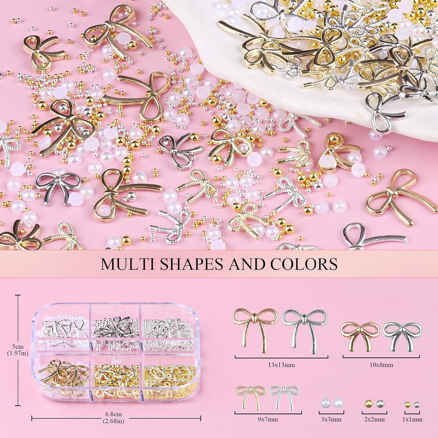3D Metal Bowknot & AB Pearl and Mini Beads Nail Art Kit - Gold/Silver Alloy Bowknot, 1-2mm Stainless Steel Caviar Beads, 3mm Half Pearls for Professional Salon & DIY Manicure Jewelry Designs (Set 4)