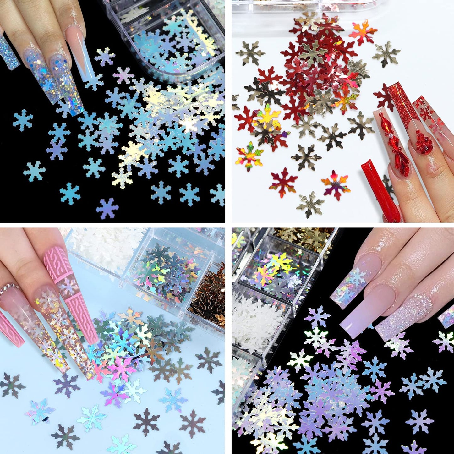 12 Grids 3D Laser Snowflake Nail Decals - Holographic Sequins, White Snow Glitter Shapes - Christmas & Winter Nail Art Stickers