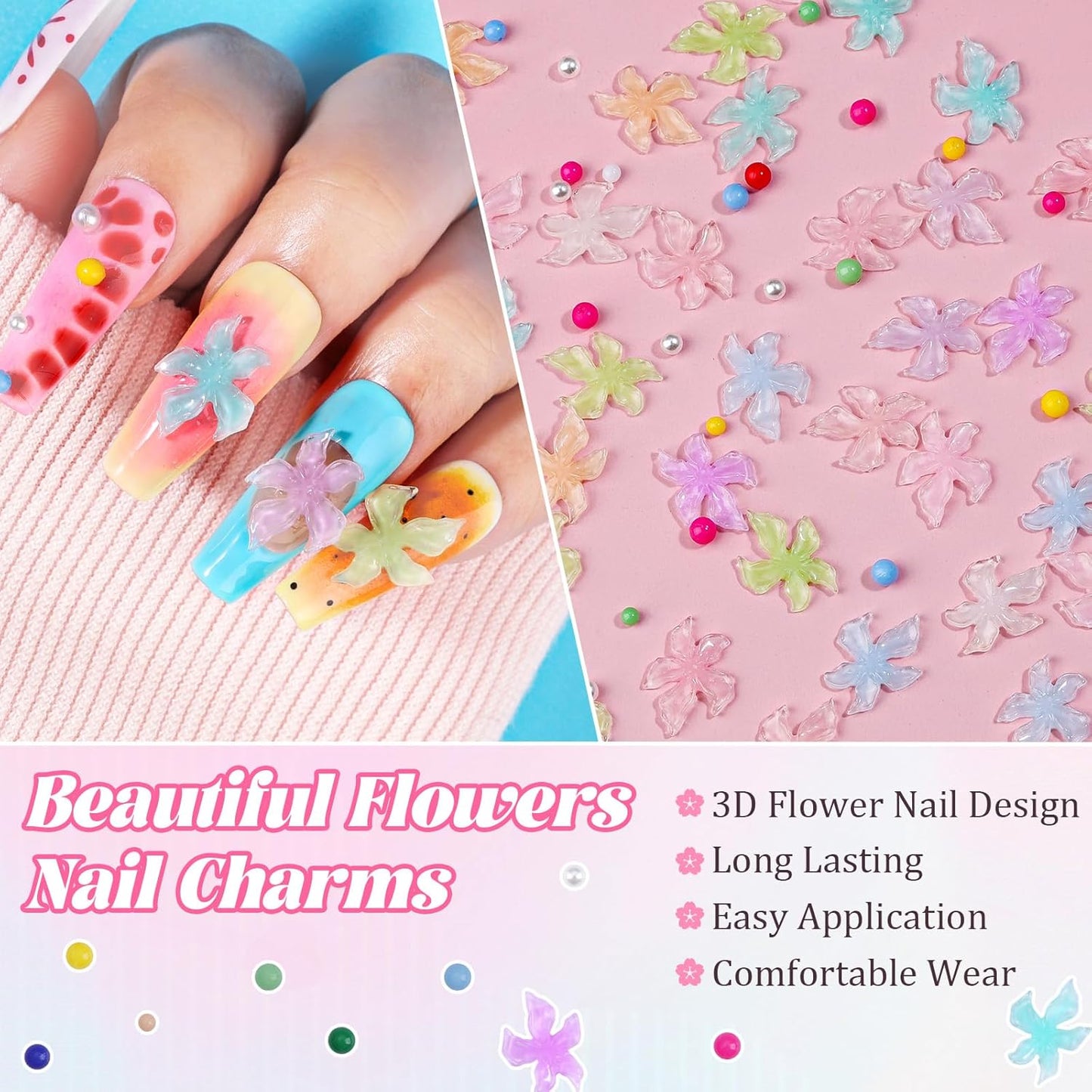 300Pcs Flower Nail Charms Kit, 100Pcs 3D Embossed Hawaii Floral Charms and 100Pcs Nail Pearls with 100Pcs Macaron Beads, Colorful Hibiscus Summer Flowers Mini Gems Round Beads for Nails DIY