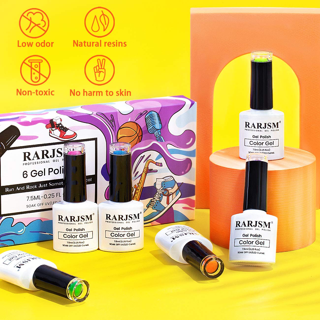 RARJSM Neon Gel Polish Set, Hot Pink Nailpolish,Yellow Green Purple Blue Orange Gel Nail Polish, Spring Summer Color Nail Polish Kit, Curing Required,6 PCS 7.5ML Nail Art
