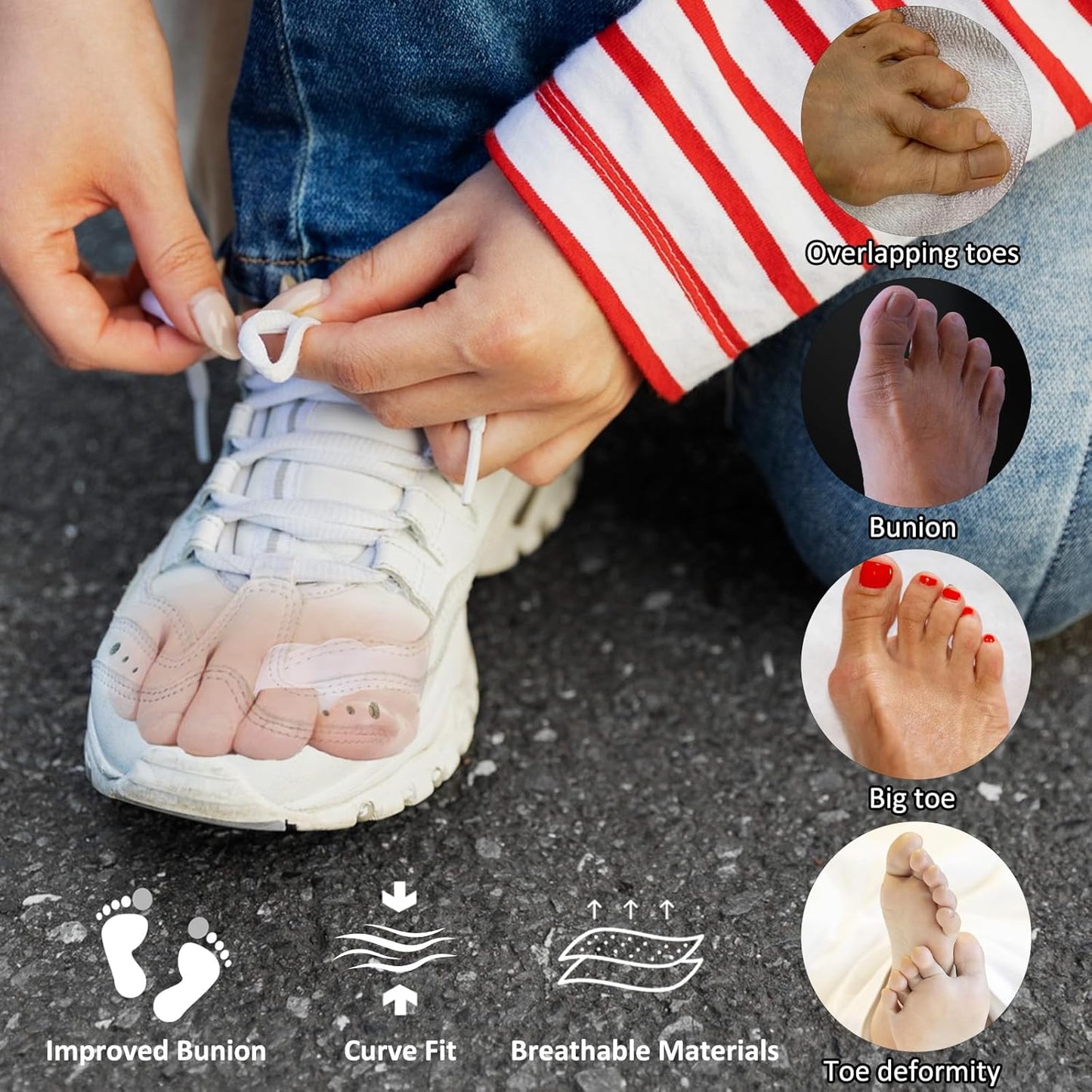 8 Pack Toe Separators Bunion Corrector with 2 Loops Overlapping Hammer Toe Separator Women Men Gel Toe Straightener Fabric Lining Splint for Feet Preventing Rubbing Relieve Foot Pressure