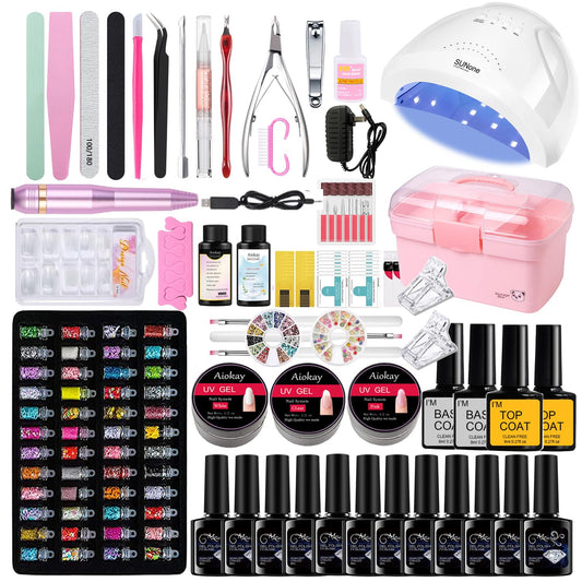 Gel Nail Polish Set with48W UV Lamp,3 Colors Quick Nail Extension Nail Gel, 12 Colors Nail Polish with Base Coat and Top coat gel kit , Professional nail kit Home DIY Salon for women gift