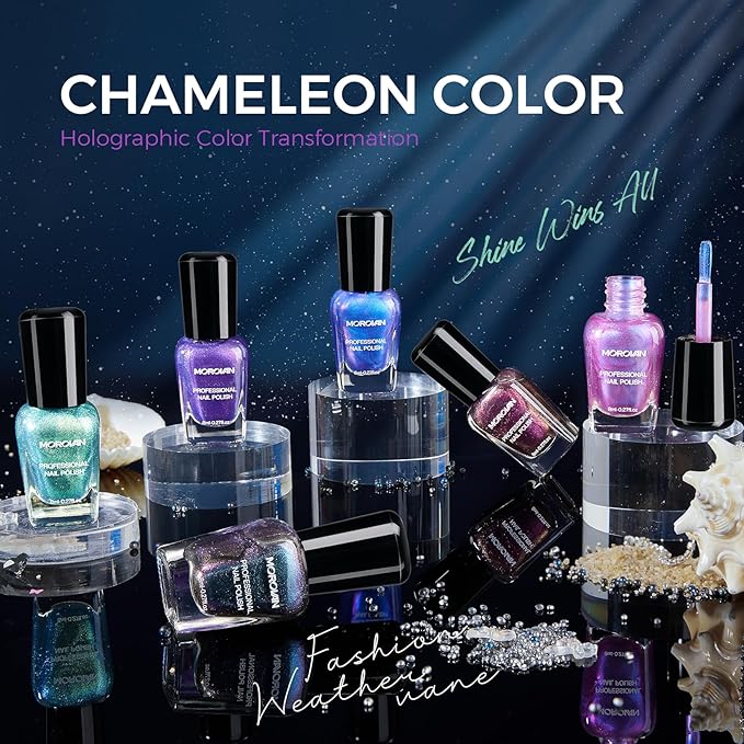 Morovan Chameleon Nail Polish Set: 6 Colors Holographic Quick Dry Mini Nail Lacquer Kit Green Glitter Pink Blue Purple Gray Aurora Shimmer Fall DIY Nail Art Manicure Gift For Women Girls