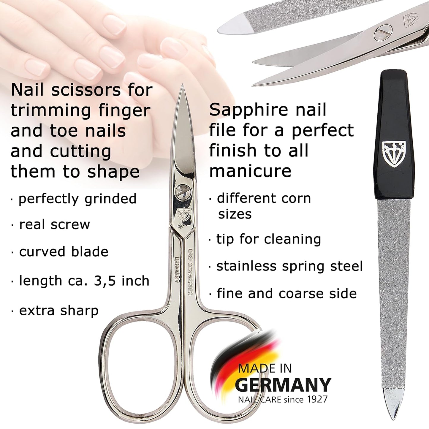 3 Swords Germany - brand quality 3 piece manicure pedicure grooming kit set for professional finger & toe nail care scissors file genuine leather case in gift box, Made in Solingen Germany (03737)