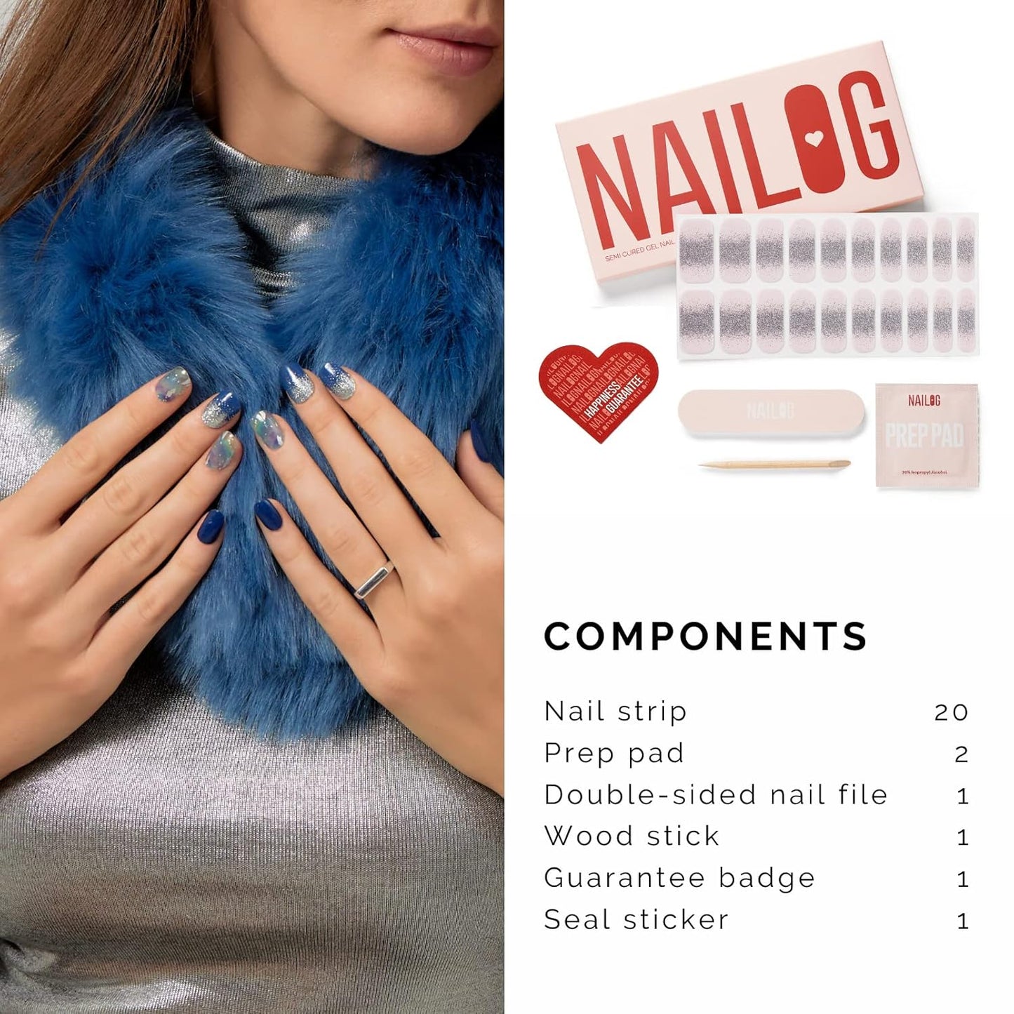 NAILOG Semi Cured Gel Nail Strips, Extra Long Nail Polish Strips (20 Pieces), Long Lasting Semi Cured Nail Stickers with Soft Glossy Gel Finish, Lake Dawn