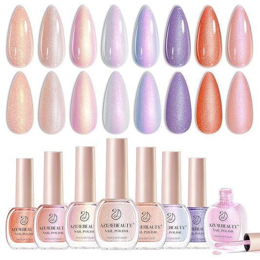 AZUREBEAUTY Pearl Shine Iridescent Shimmer Purple Violet Nude Coral Glitter Orange 8 Colors Nail Polish Set, Quick Dry, Perfect for Women Manicure Nail Art DIY Salon