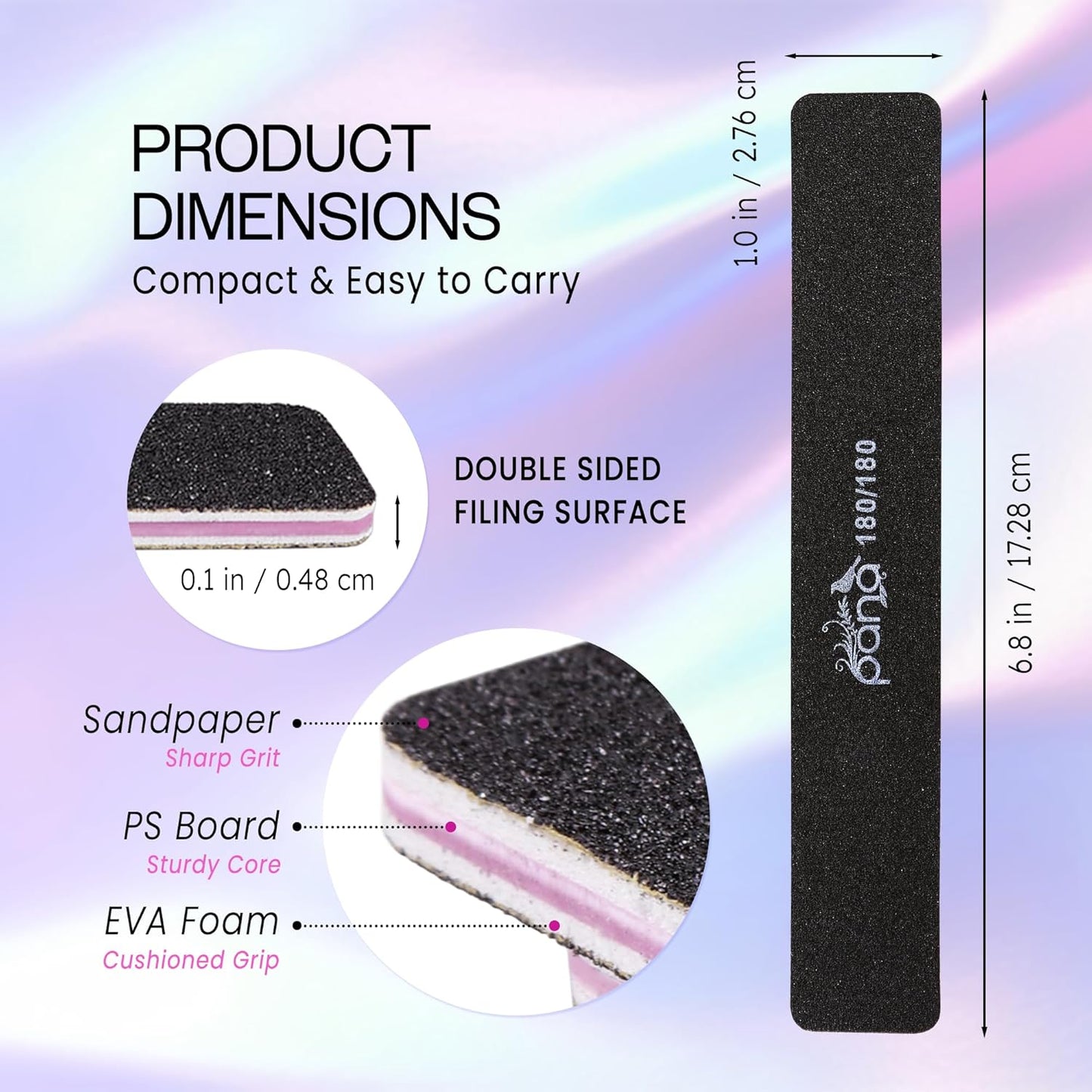 PANA Jumbo Double-Sided Emery Nail File for Manicure, Pedicure, Natural, and Acrylic Nails - Black (Grit 180/180) - 50 Piece Pack