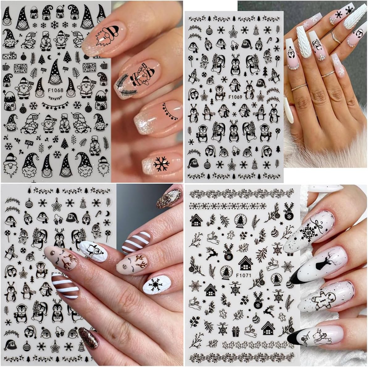 8Sheets Snowflake Nail Art Stickers 3D Xmas Nail Decals White Glitter Snow Nail Design Cartoon Elk Snowflake Snowman Bell Reindeer Sticker Foil Manicure Winter New Year Christmas Nail Decoration