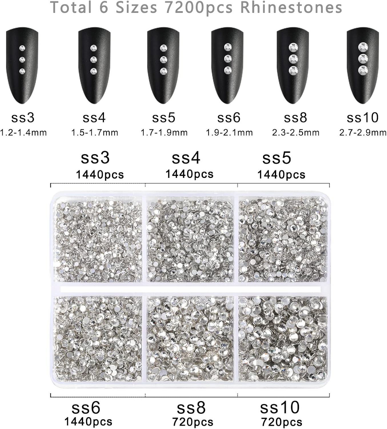 Beadsland 7200pcs Flatback Rhinestones,Clear Rhinestone Nail Gems Round Crystal Rhinestones for Crafts,Mixed 6 Sizes with Wax Pencil Kit, SS3-SS10,Crystal