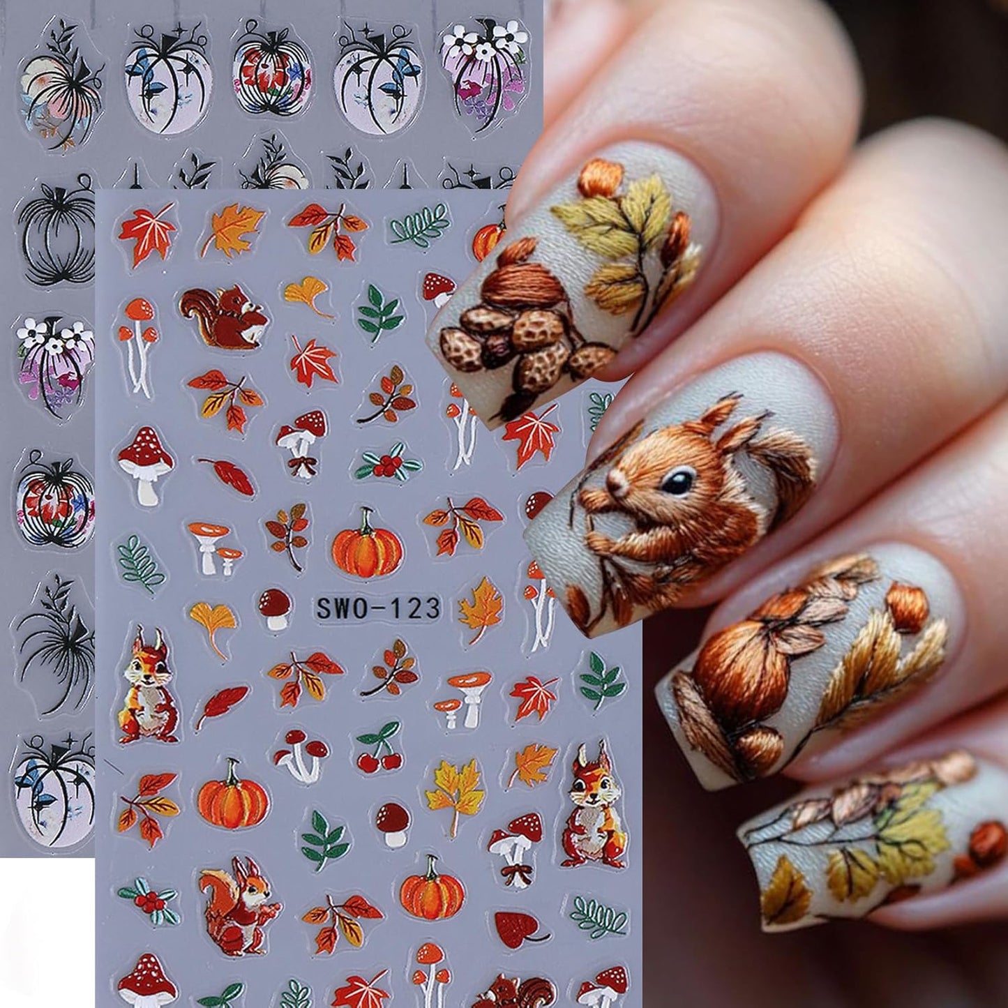 Fall Pumpkin Nail Stickers Decals 10PCS Autumn Maple Leaves Designs for Nails Art Squirrel Mushroom 3D Self-Adhesive Sliders Manicure Fall Nail Art Stickers Supplies for Women DIY Holiday Decoration