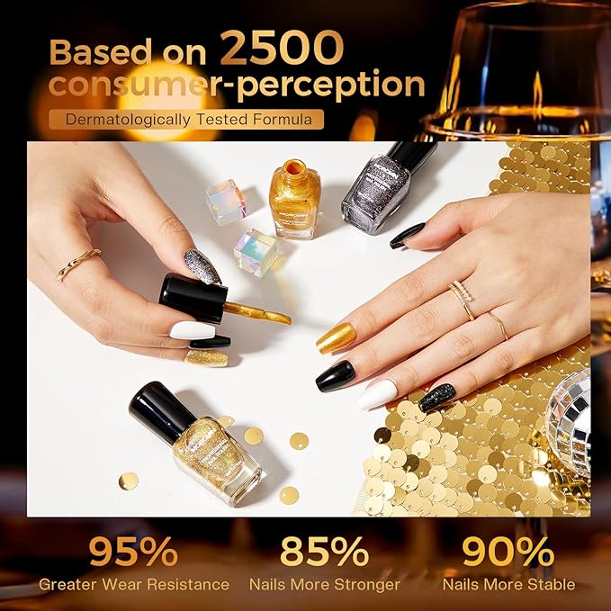 Morovan Nail Polish Set Fingernail: Black Gold White Glitter Nail Polish Kit Shimmer Sparkle Sliver Air Quick Dry Glossy Nail Pack for Nail Art Manicure 2025 Summer Holiday Gift Party for Women