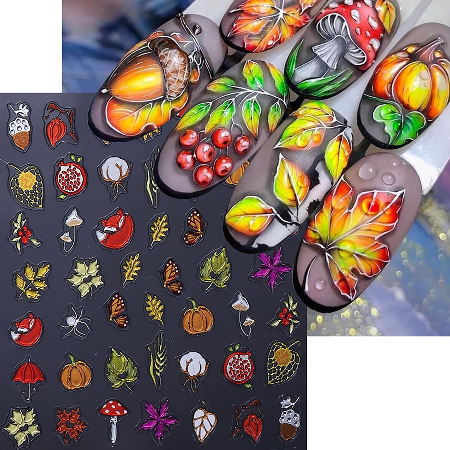 Fall Nail Art Stickers Autumn Maple Leaf Pumpkin pineal Mushroom Design Nail Decals 5D Embossed Self-Adhesive Fall Nails Stickers Thanksgiving Day Nails Art Supplies for Women DIY Manicure Decor