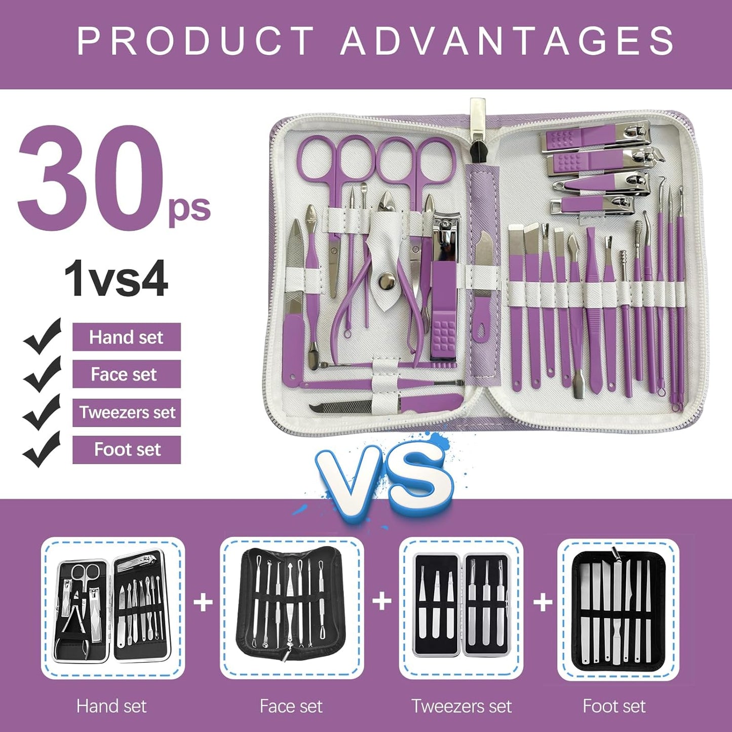 Manicure Set 30 in 1 Nail Clippers Set,Nail Manicure Kit for Women,RedFlow Toenail Clippers,Pedicure Kit,Pedicure Tools,Suitable for Travel Manicure Tools (Purple)