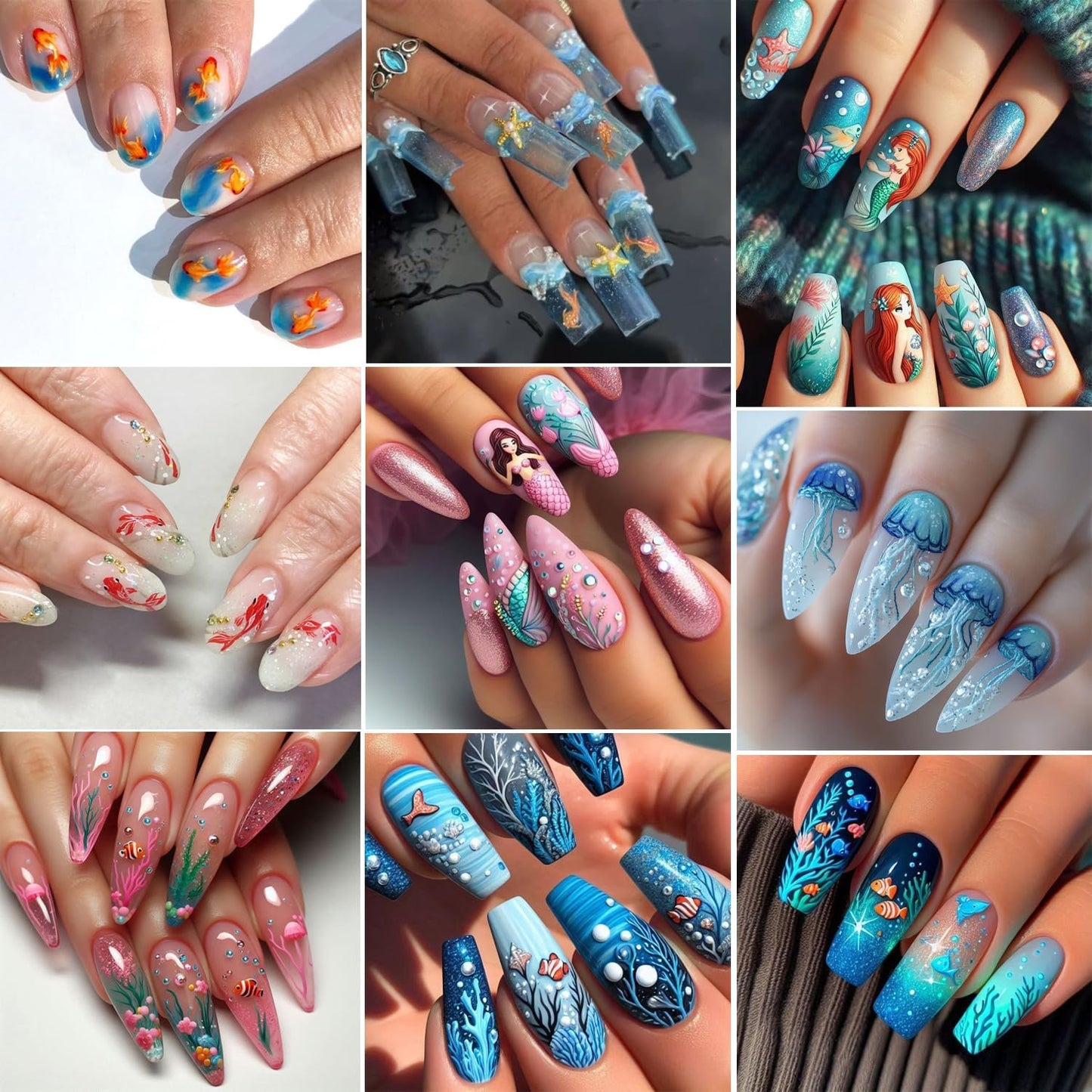 Marine Life Nail Art Stickers -3D Cute Mermaid Nail Decals Self Adhesive Small Whale Nail Stickers with Little Fish Jellyfish Designs Nail Decal Summer Nail Supplies for Women DIY Manicure Decoration