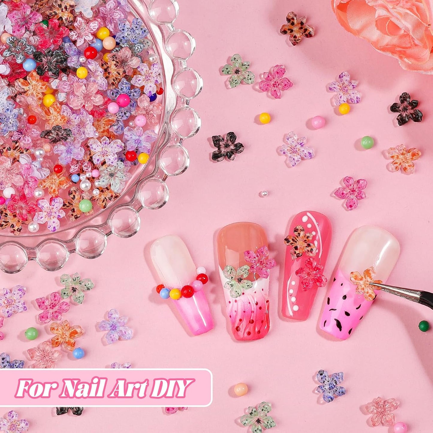 300Pcs Flower Nail Charms Kit, 100Pcs 3D Jelly Mini Hawaii Flowers Charms and 100Pcs Nail Pearls with 100Pcs Macaron Beads, Colorful Hibiscus Floral Tiny Gems Round Beads for Nails Design