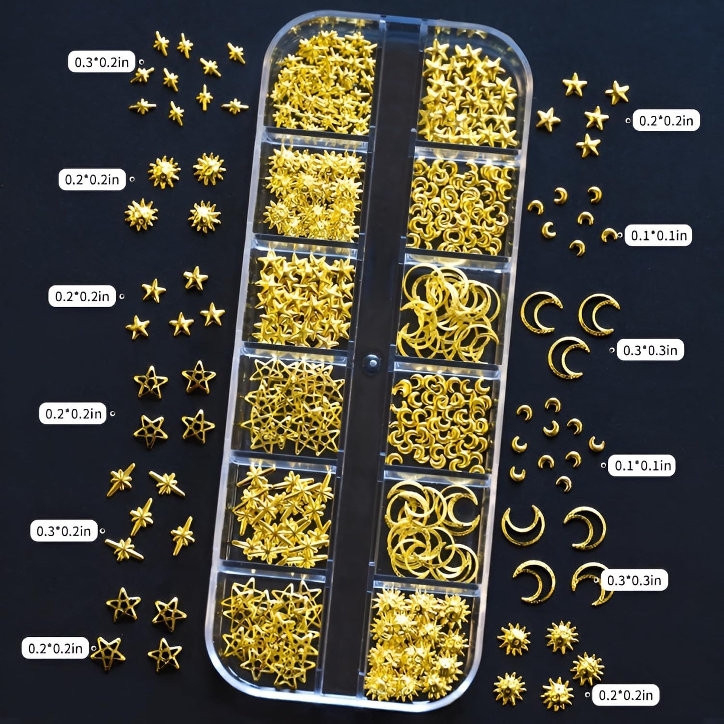 24 Grid Gold Nail Art Charms Moon Star Nail Charms and Gems Gold Nail Rhinestone for Decorations Manicure Supplies Accessories DIY Nail Art Makeup Decoration
