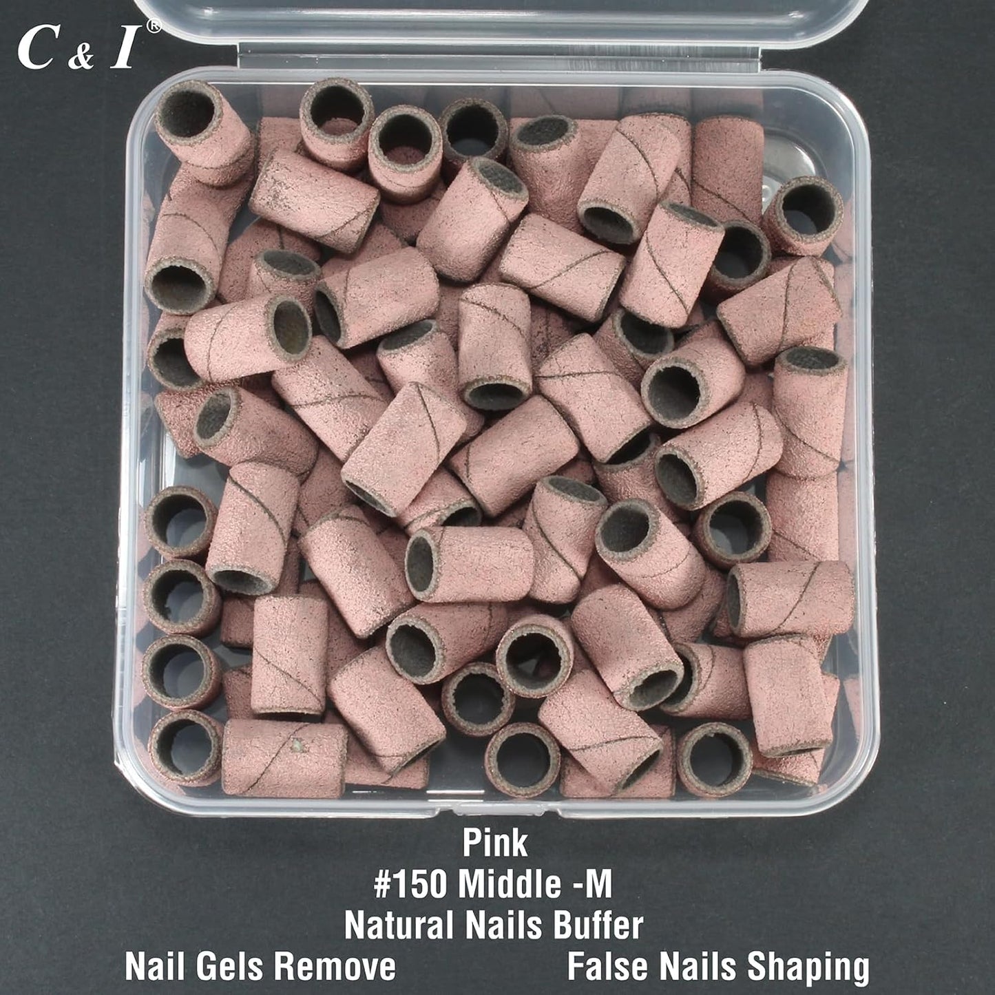 C & I Nail Sanding Bands 100 PCS Plus Upgrade Mandrel 1 PC, Nail Drill Bits for Acrylic Gel Nails Remove, Natural Nails Buffer for Nail Prep and Nail Shiner (Pink, #150 Middle)