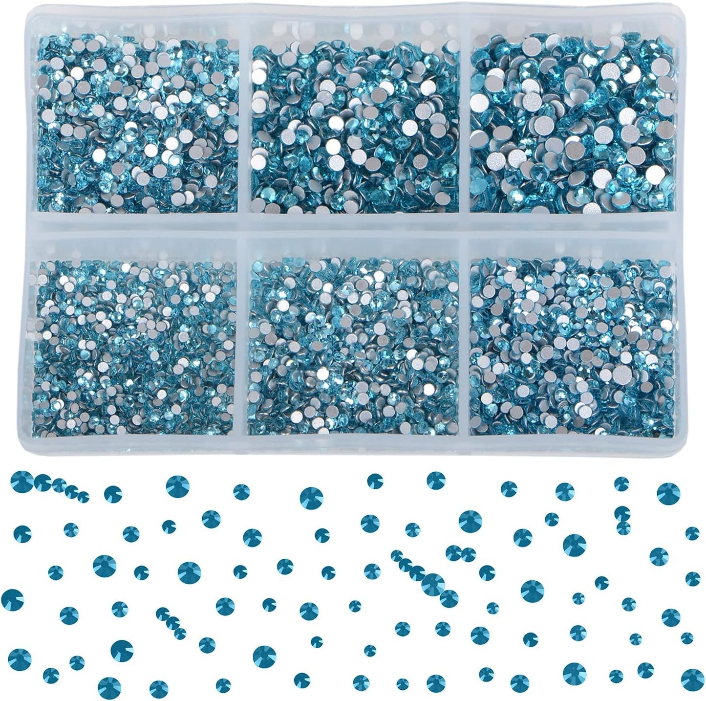Bymitel 7200 Pieces 6 Mixed Sizes Glue Fix on Glass Rhinestones Round Crystal Gems Flatback for DIY Jewelry Making with one Picking Pen(6-Sizes 7200PCS, Aquamarine)