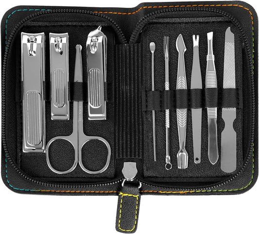 Premium Stainless Steel Nail Clippers Set - Travel Grooming Kit, 10pc Manicure/Pedicure Tools with PU Case - Gift Ideas(C-Black)