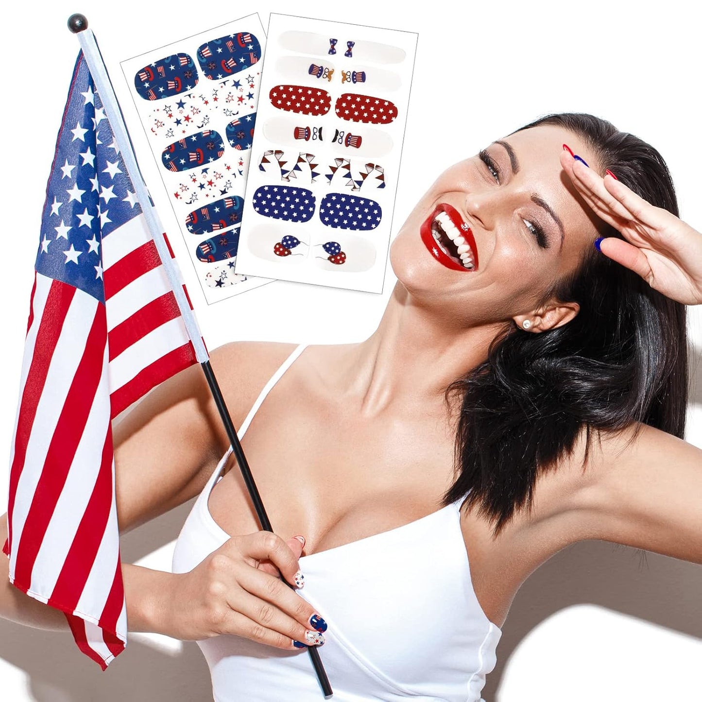 Maitys 140 Pcs 10 Sheets Patriotic Full Wrap Nail Stickers 4th of July Polish Strips Gradient Stickers Memorial Independence Day Glitter Self Adhesive DIY Art Strips with 2 Pcs Nail Files
