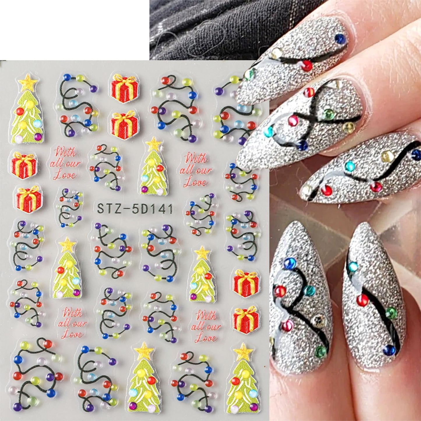 2 Sheets Embossed Christmas Nail Stickers for Nail Art New Year Colorful Light Strips Nail Art Stickers Winter Christmas Tree Nail Decals 5D Self-Adhesive Xmas Gift Box Nail Decoration for Women