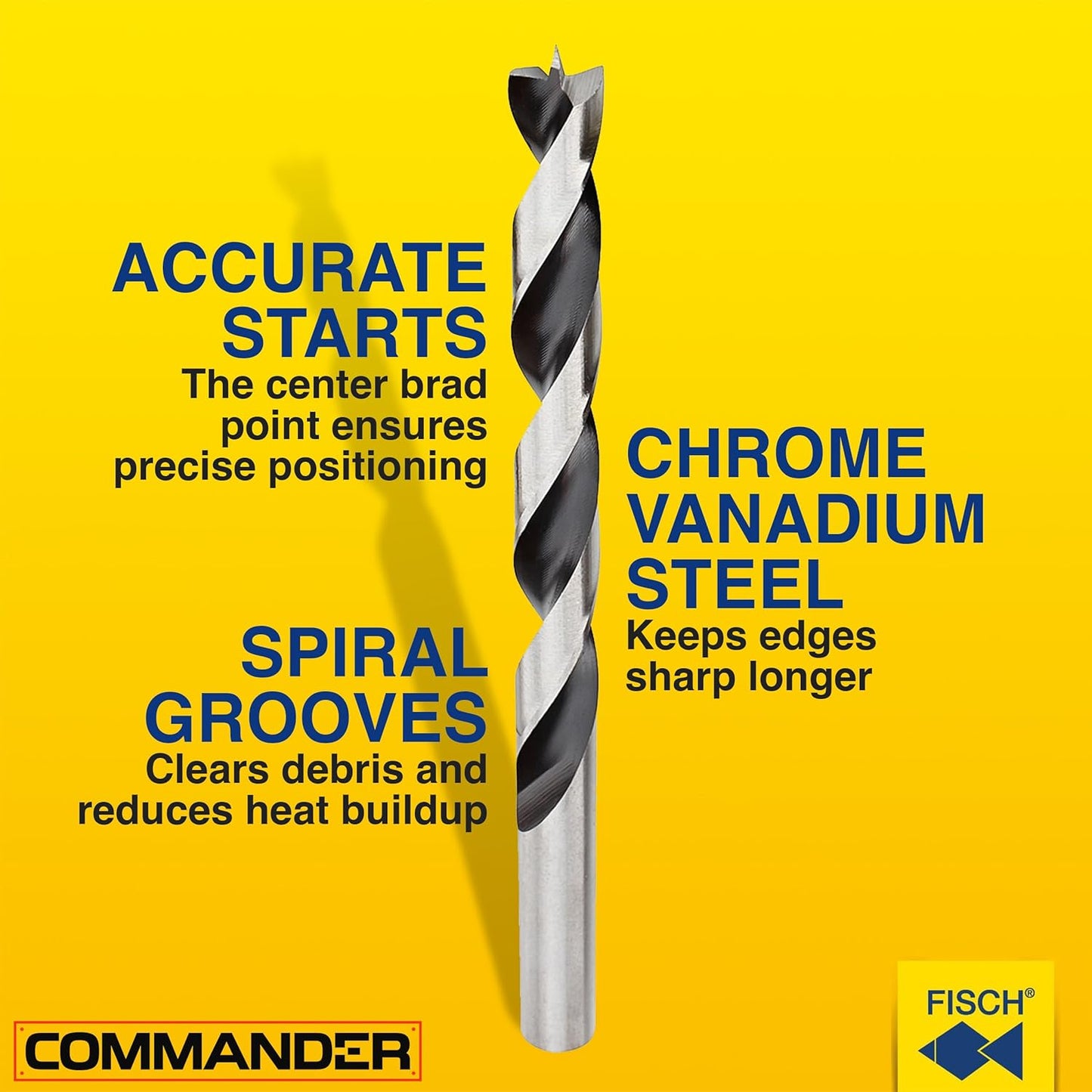 Fisch Brad Point Drill Bits (9mm x 125mm) - Premium Drill Bits for Soft, Hard, Veneered and Laminated Wood, MDF and Acrylic Glass - Beveled Edge for Fast, Easy Cutting - FSF-004073 - Made in Austria