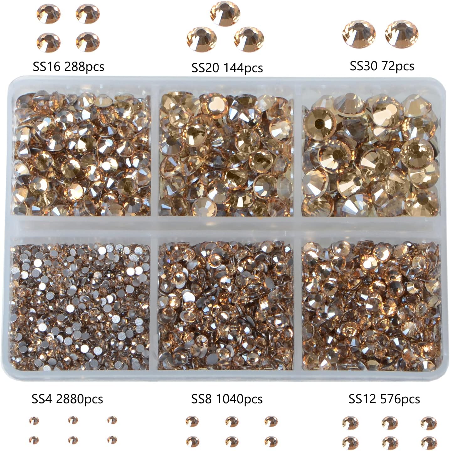 Bymitel 5000 Pieces 6 Mixed Sizes Glue Fix on Glass Rhinestones Round Crystal Gems Flatback for DIY Jewelry Making with one Picking Pen(6-Sizes 5000PCS, Lt. Peach)